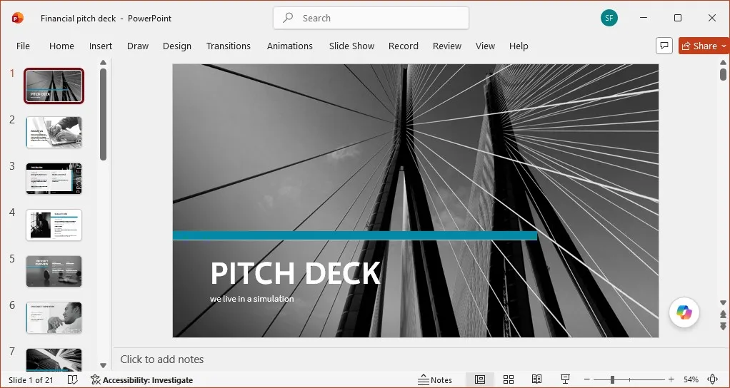 A PowerPoint pitch deck, the window that is actually being shared